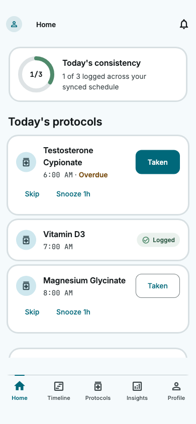 The Velmira home screen on a phone, inside the app: a header with the profile and notifications, a ring showing one of four doses logged today, today's protocols with Taken, Skip and Snooze against each scheduled time, and the bottom navigation bar with Home, Timeline, Protocols, Insights and Profile.