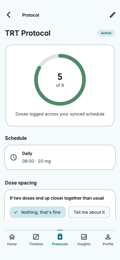 A protocol detail screen in Velmira, marked Active, showing five of six doses logged on a ring, a once-daily 08:00 schedule, and the choices for what Velmira should say when two doses land close together, with the bottom navigation bar showing Protocols selected.